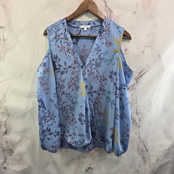 Maette Stella Dot Blouse Womens Large Blue Floral Cut Out Cold Shoulder Slouchy - Picture 1 of 13